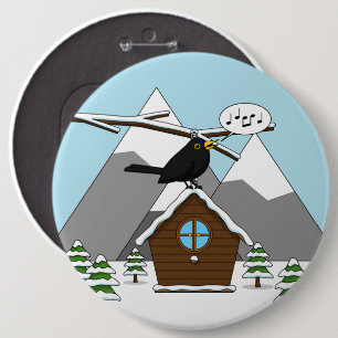 Bóton Redondo 15.24cm Happy Blackbird Cantando na paisagem de inverno