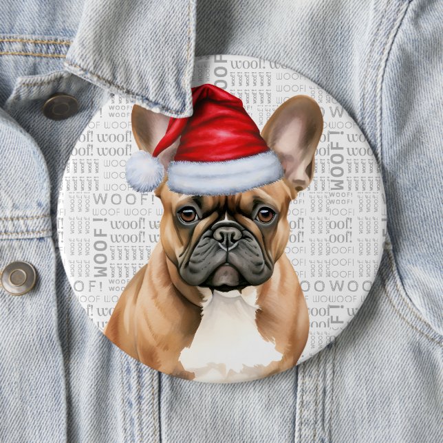 Bóton Redondo 15.24cm Holiday Frenchie Santa Dog on Woof Background (In Situ)