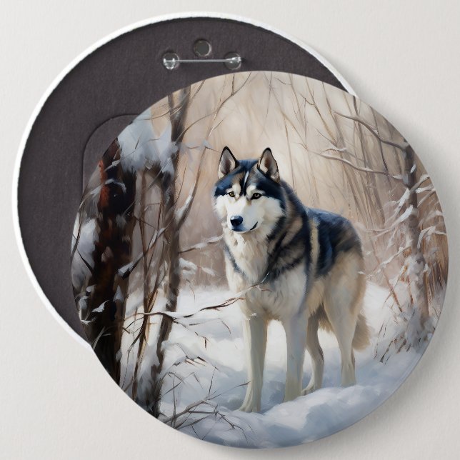 Bóton Redondo 15.24cm Husky Siberiano Deixe Nevar Natal (Frente & Verso)