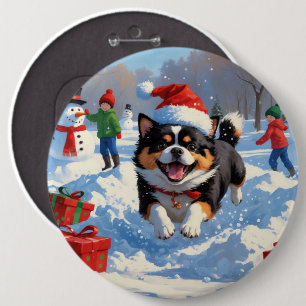 Bóton Redondo 15.24cm Japanese Chin Correndo na Neve com Chapéu de Natal