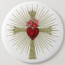 Bóton Redondo 15.24cm Jesus Dourado Coração Vermelho e rosas amam