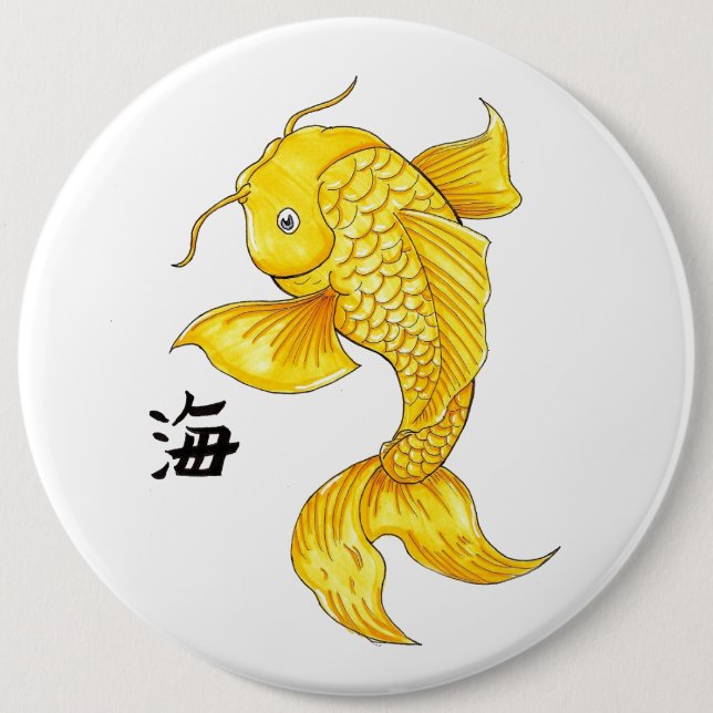 Bóton Redondo 15.24cm Legal tatuagem japonesa Dourada de carpa de peixe  (Frente)