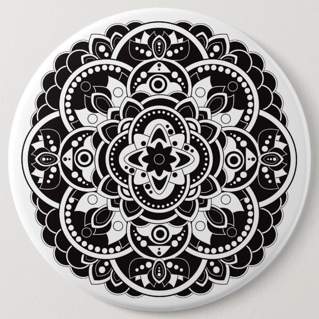 Bóton Redondo 15.24cm Mandala preto e branco (Frente)