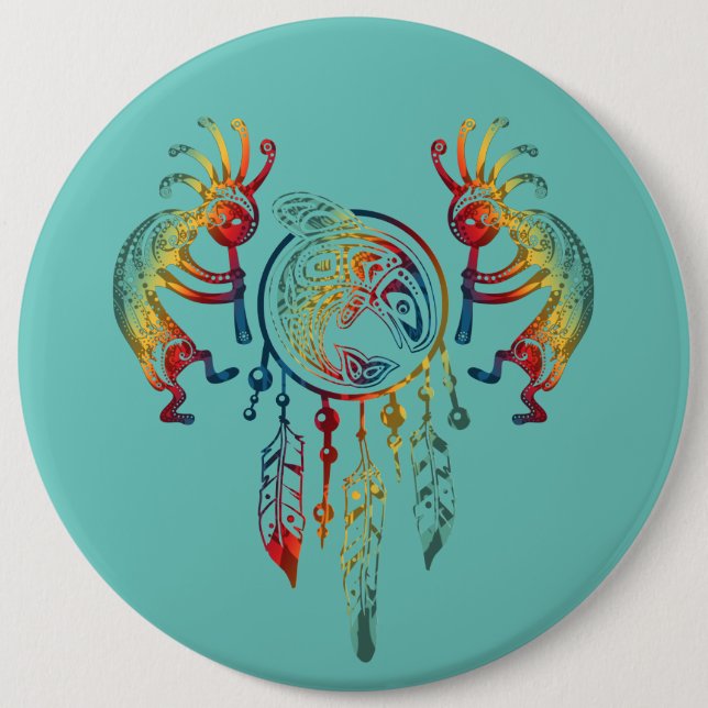 Bóton Redondo 15.24cm Nativo americano Kokopelli Whale Dreamcatcher 1 (Frente)