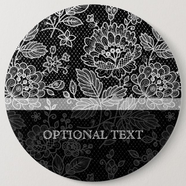 Bóton Redondo 15.24cm Padrão Floral do Ornamentado Preto e Branco (Frente)