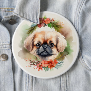 Bóton Redondo 15.24cm Pequinês Grinalda de Natal Cachorrinho Festivo