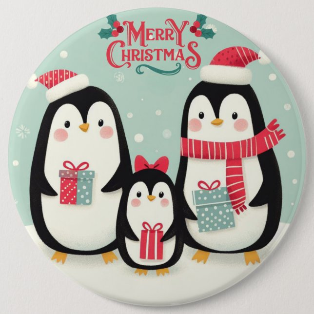Bóton Redondo 15.24cm Pinguins de neve de Natal feliz (Frente)