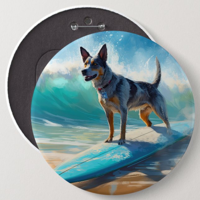Bóton Redondo 15.24cm Pintura de Surfe em Praia Blue Heeler (Frente & Verso)