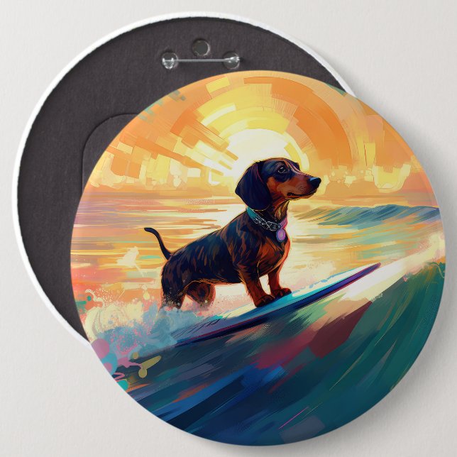 Bóton Redondo 15.24cm Pintura de surfe na praia de Dachshund (Frente & Verso)