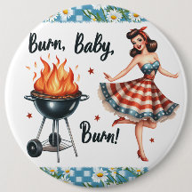 Pinup Lady Vintage Pinback Pinos CHURRASCO Grelha