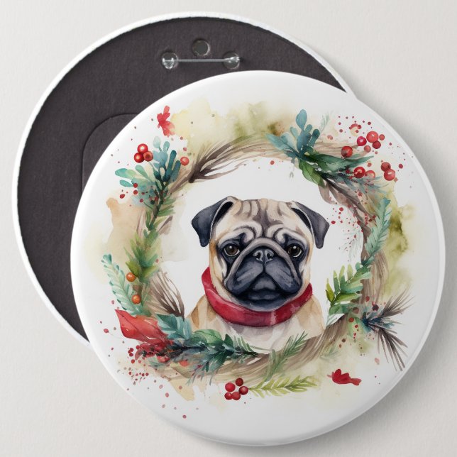 Bóton Redondo 15.24cm Pug Christmas Wreath Festivo Pup (Frente & Verso)