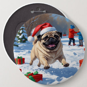 Bóton Redondo 15.24cm Pug Correndo na Neve com Chapéu de Natal