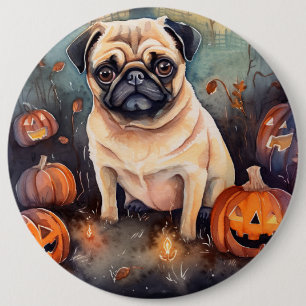 Bóton Redondo 15.24cm Pug de Halloween com Abóboras Assustador