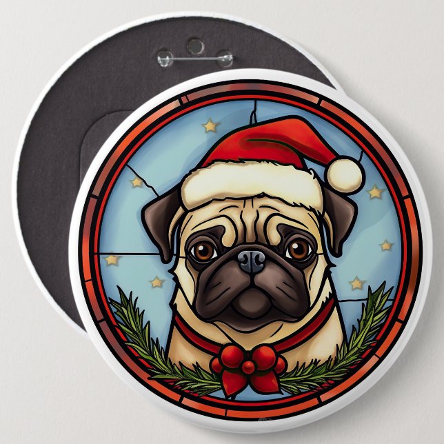 Bóton Redondo 15.24cm Pug Vidro Pintado Natal (Frente & Verso)