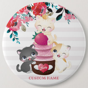 Bóton Redondo 15.24cm Quadrinhos Quimsos De Cartoon Floral Gatos Cupcake