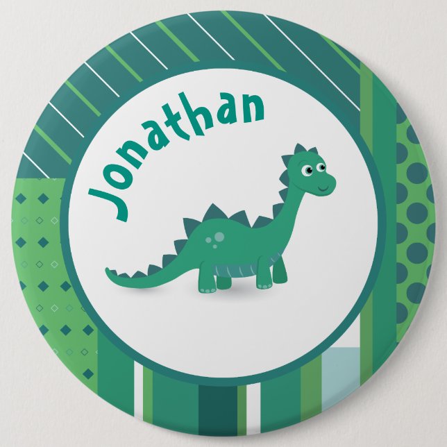 Bóton Redondo 15.24cm Quadro redondo em verde/azul com dinossauro fofo (Frente)