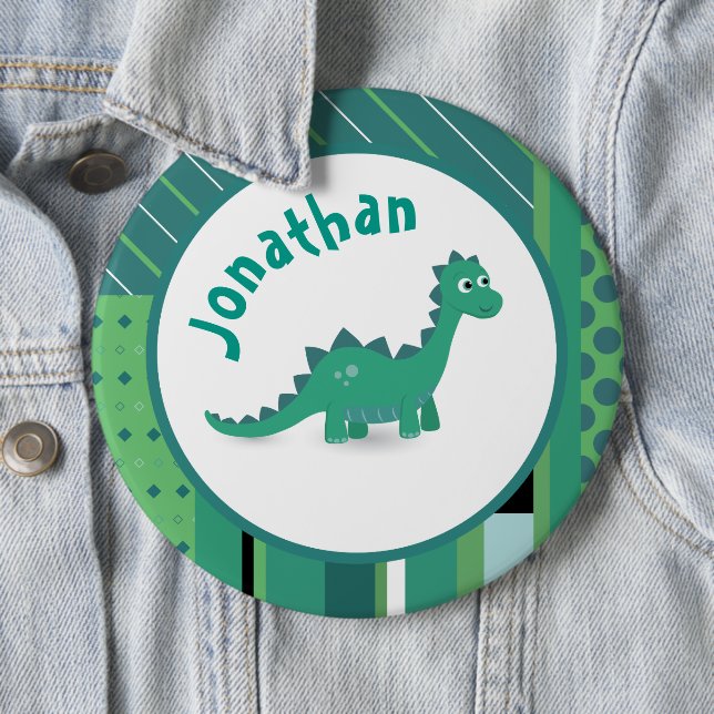 Bóton Redondo 15.24cm Quadro redondo em verde/azul com dinossauro fofo (In Situ)