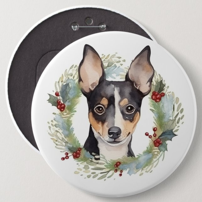 Bóton Redondo 15.24cm Rat Terrier Christmas Wreath Festivo Pup (Frente & Verso)