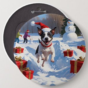 Bóton Redondo 15.24cm Rat Terrier Correndo na Neve com Chapéu de Natal