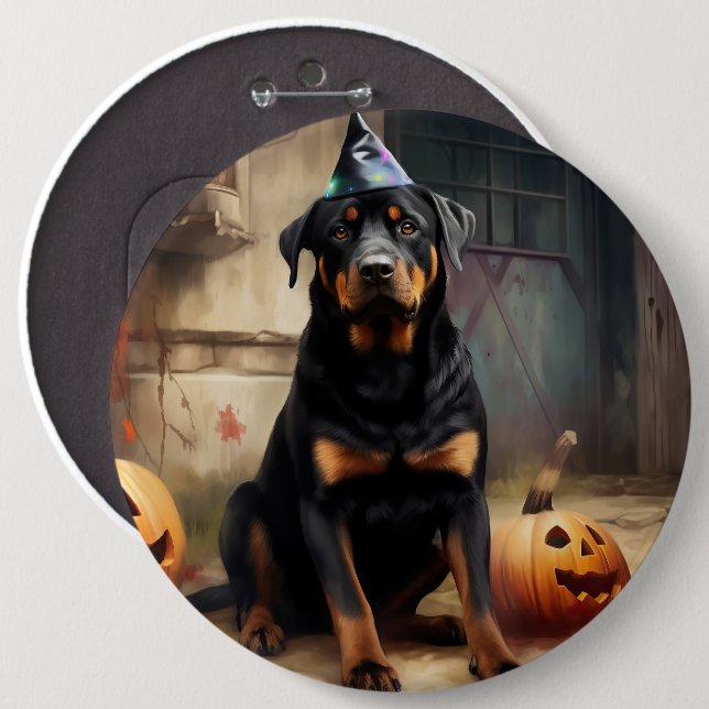 Bóton Redondo 15.24cm Rottweiler Pumpkins Halloween Assustado (Frente & Verso)