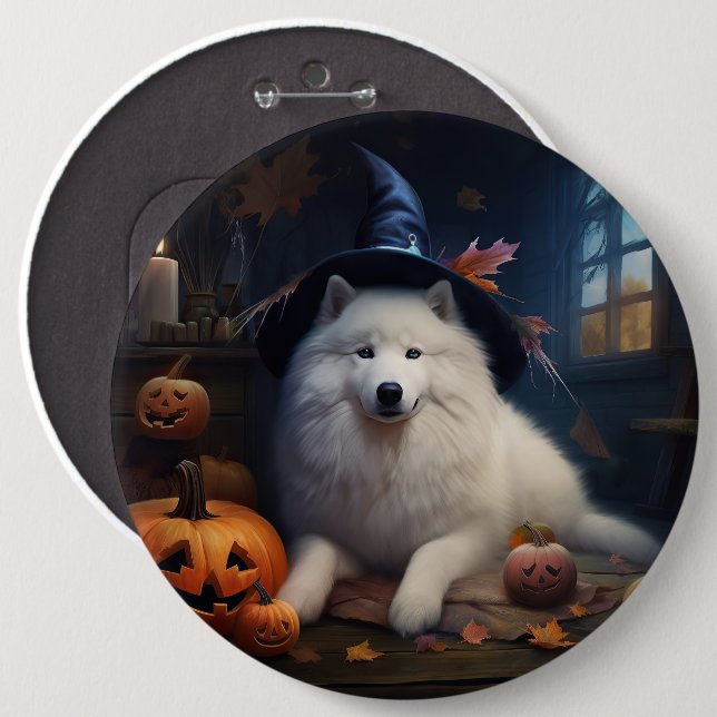 Bóton Redondo 15.24cm Samoyed Pumpkins Halloween Scary (Frente & Verso)