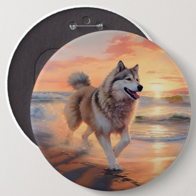 Bóton Redondo 15.24cm Sandy Paws Alaskan Malamute Dog em Beach Sunset (Frente & Verso)