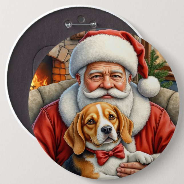 Bóton Redondo 15.24cm Santa Claus Holding Beagle Christmas Art (Frente & Verso)