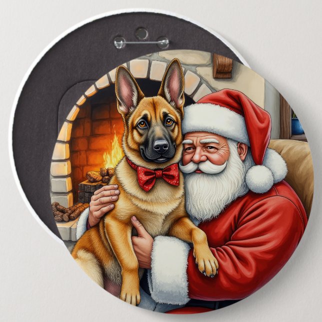 Bóton Redondo 15.24cm Santa Claus Holding Belgian Malinois Christmas Art (Frente & Verso)