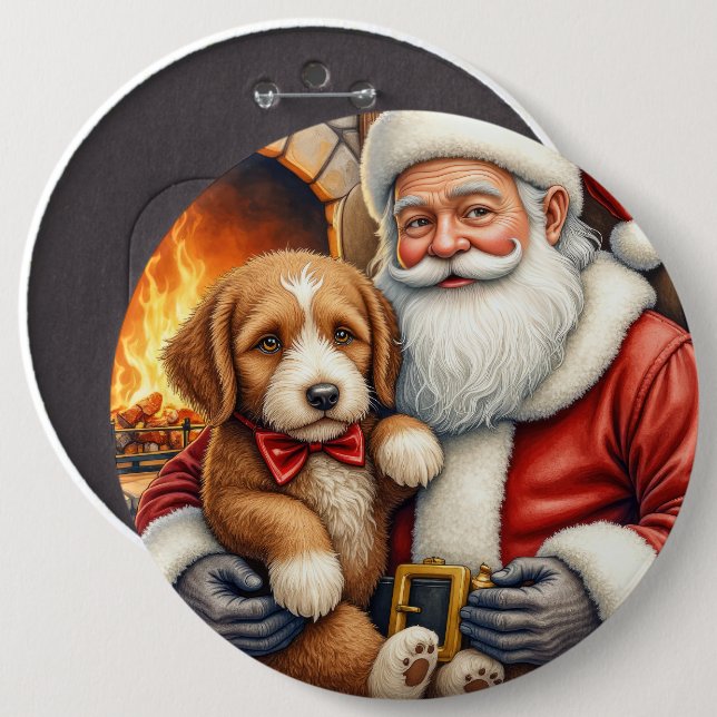 Bóton Redondo 15.24cm Santa Claus Holding Bernedoodle Christmas Art (Frente & Verso)