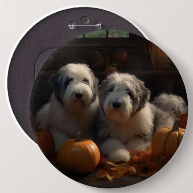 Bóton Redondo 15.24cm Sheepdog Inglês Puppy Autumn Delight Pumpkin (Frente & Verso)