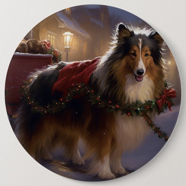 Bóton Redondo 15.24cm Shetland Sheepdog Christmas Fesason Season (Frente)