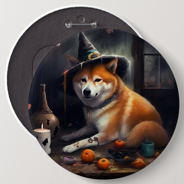 Bóton Redondo 15.24cm Shiba Inu Pumpkins Halloween Assustado (Frente & Verso)