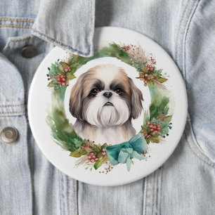 Bóton Redondo 15.24cm Shih Tzu Christmas Wreath Festivo Pup