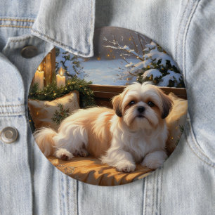 Bóton Redondo 15.24cm Shih Tzu com Férias das Luzes de Natal