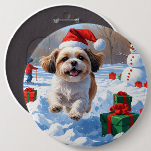 Bóton Redondo 15.24cm Shih Tzu Correndo na Neve com Chapéu de Natal