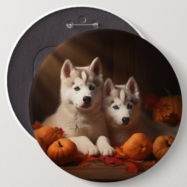 Bóton Redondo 15.24cm Siberian Husky Puppy Autumn Delight Pumpkin (Frente & Verso)