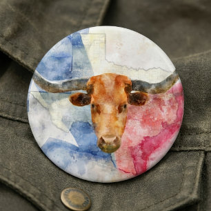 Bóton Redondo 15.24cm Vaca Longhorn com mapa do Texas e Flag Watercolor