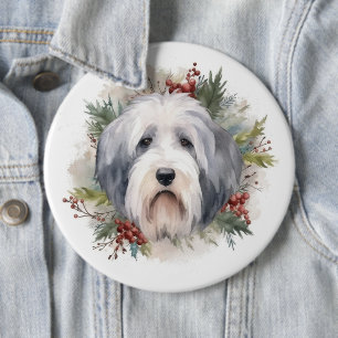 Bóton Redondo 15.24cm Velha Inglês Sheepdog Christmas Wreath Festivo Pup