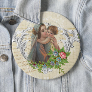 Bóton Redondo 15.24cm Vintage abençoada Virgem Maria Rosas Jesus