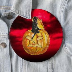 Bóton Redondo 15.24cm Vintage Black Devil on Jack o'Lantern Red Clouds