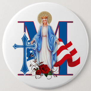 BÓTON REDONDO 15.24CM VIRGEM DE BANDEIRA AMERICANA MARY ROSAS RELIGIOSOS