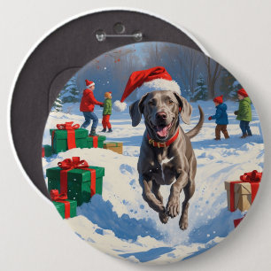 Bóton Redondo 15.24cm Weimaraner Correndo na Neve com Chapéu de Natal