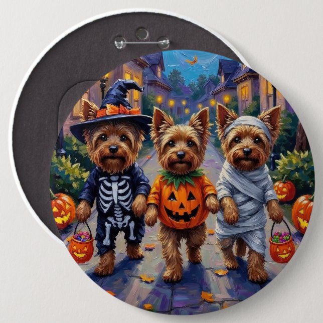 Bóton Redondo 15.24cm Yorkshire Terrier Dogs in Halloween Costumes (Frente & Verso)
