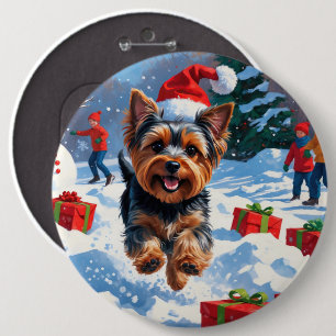 Bóton Redondo 15.24cm Yorkshire Terrier na Neve com Chapéu de Natal