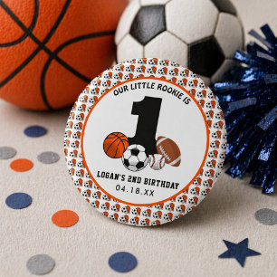 Bóton Redondo 2.54cm 1 Esportes com Bola Tema de Aniversário de 1 ano d