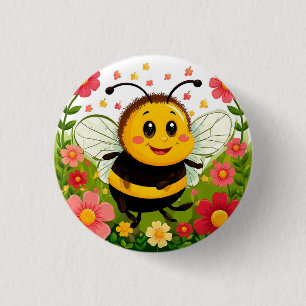 Bóton Redondo 2.54cm Abeia de desenho animado alegre cercada por flores