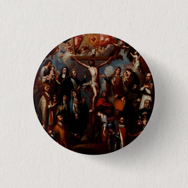 Bóton Redondo 2.54cm Alegoria da Crucificação com Santos Jesuítas  (Frente)