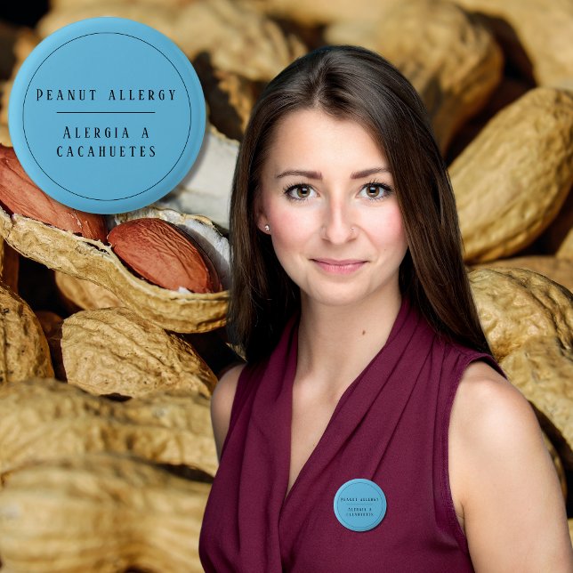 Bóton Redondo 2.54cm Alerta de Alergia Bilíngue Azul de Amendoim Espanh (Bilingual peanut allergy warning  button. bilingual text, Spanish, editable. multilingual project)