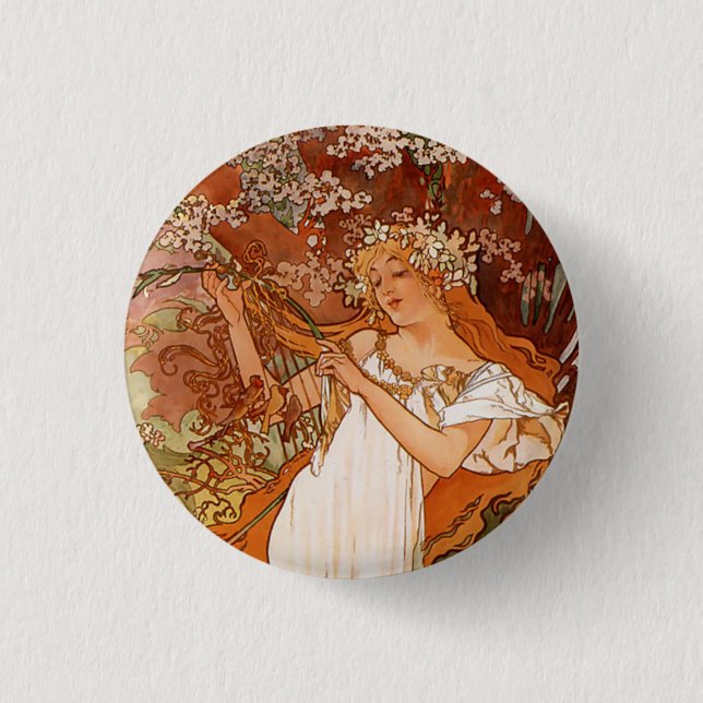 Bóton Redondo 2.54cm Alphonse Mucha, Quatro Estações, Primavera (Frente)