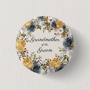 Bóton Redondo 2.54cm Amarelo Azul Mão Pintada Floral Avó Noivo